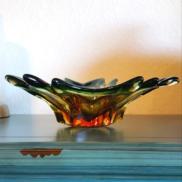 Vintage Handblown Green & Amber Art Glass Mid-Century Modern Art Deco Boho Bowl - Picture 8 of 13